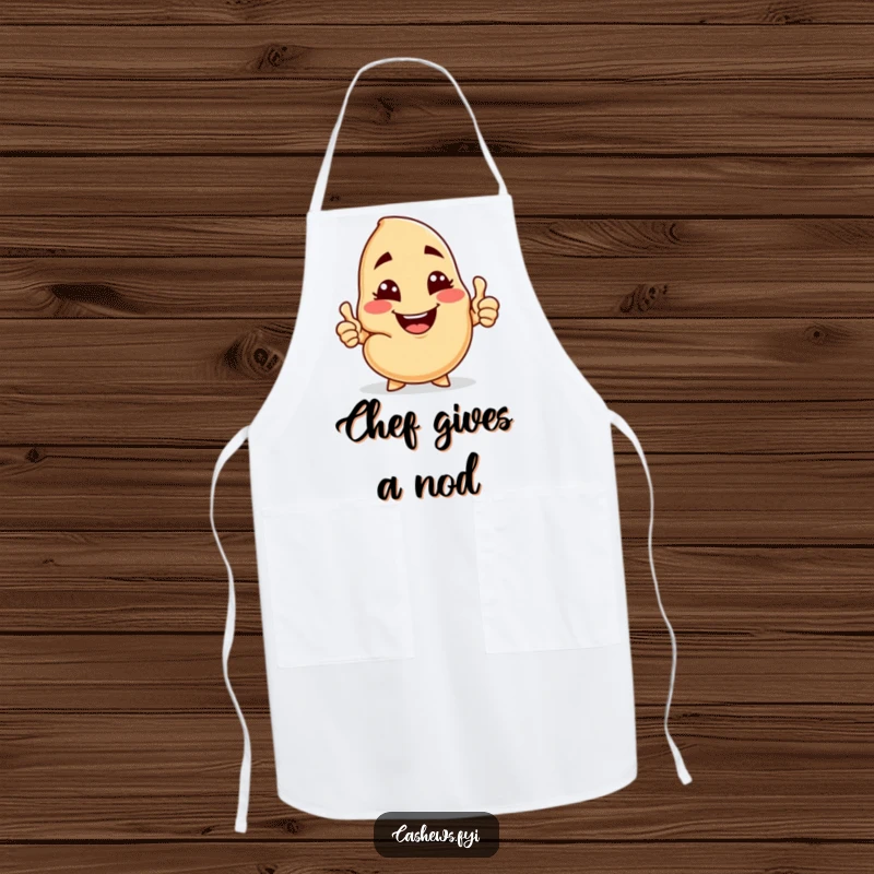 Funny apron showcasing a cashew character offering a cashew nut with a cheeky grin and thumbs-up, ready to share.