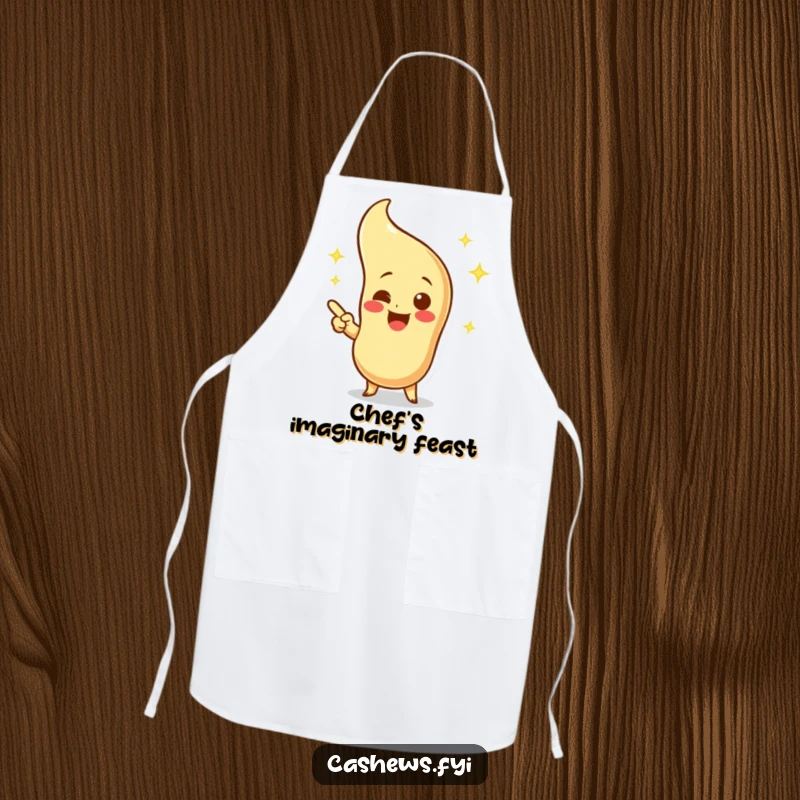 Funny apron with an excited cashew character pointing at a sparkling, imaginary cashew, designed for kitchen fun and flair.