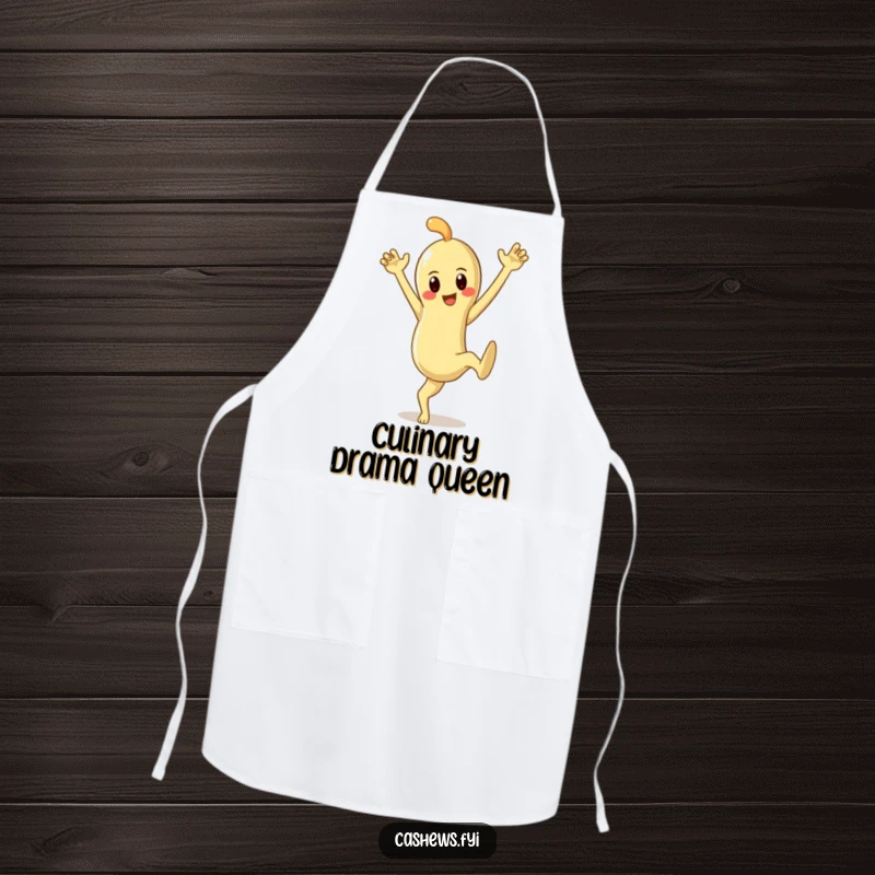 Funny apron showcasing a cashew character striking a dramatic pose, ready to add flair to any cooking session.