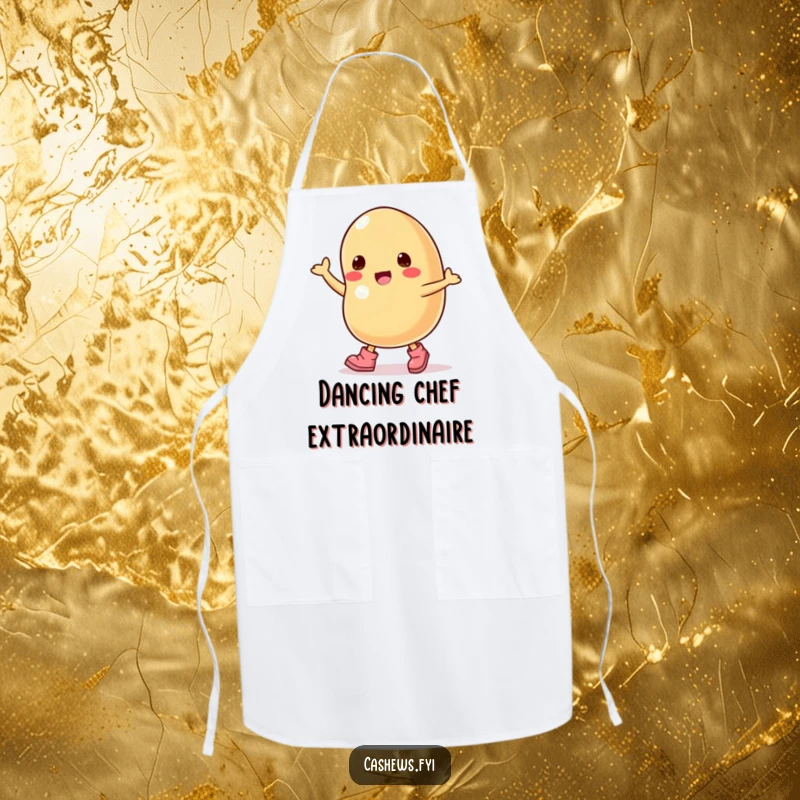Funny apron showcasing a cashew nut character wearing tiny boots and dancing with enthusiasm.
