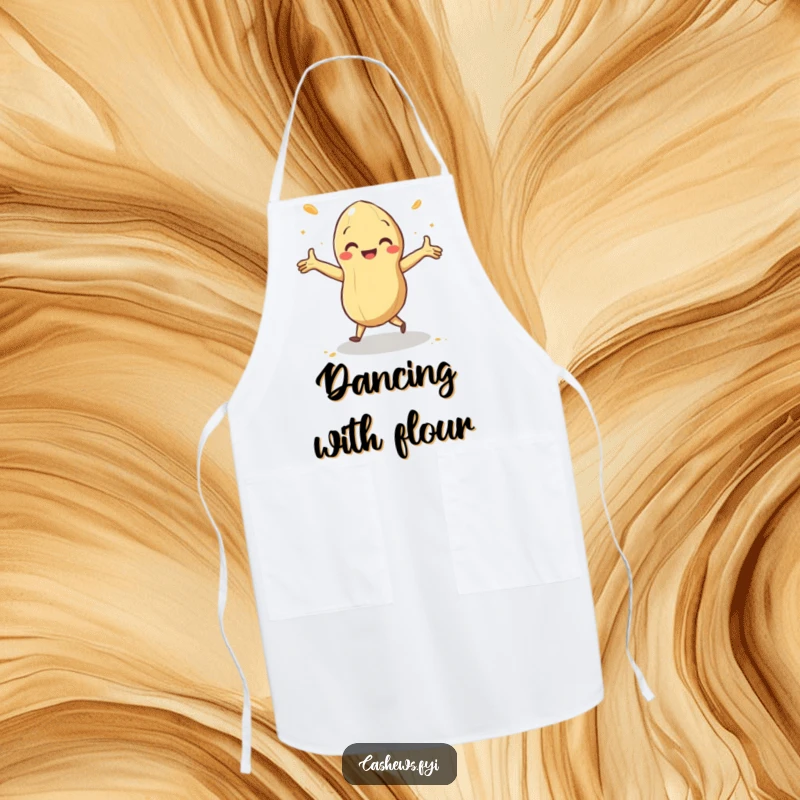 Funny kitchen apron featuring a cashew doing a delightful jig with arms outstretched and cashew dust swirling, bringing joy to cooking.