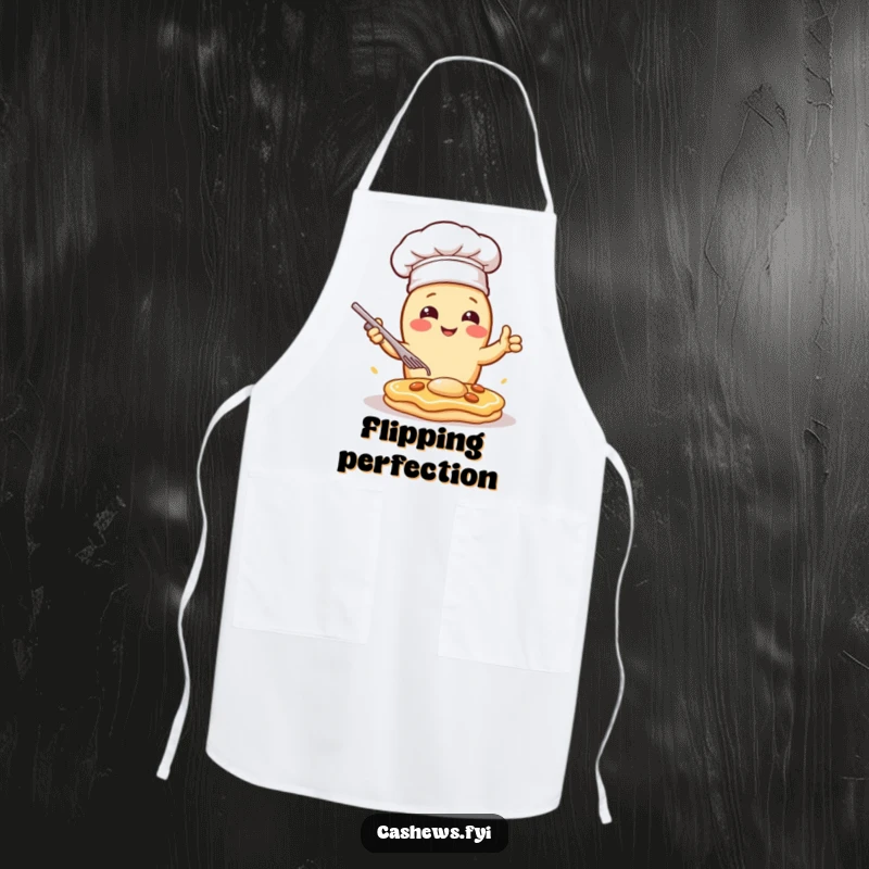 Funny apron showing a kawaii cashew chef dramatically flipping a pancake, ready for culinary tasks with theatrical, humorous flair.