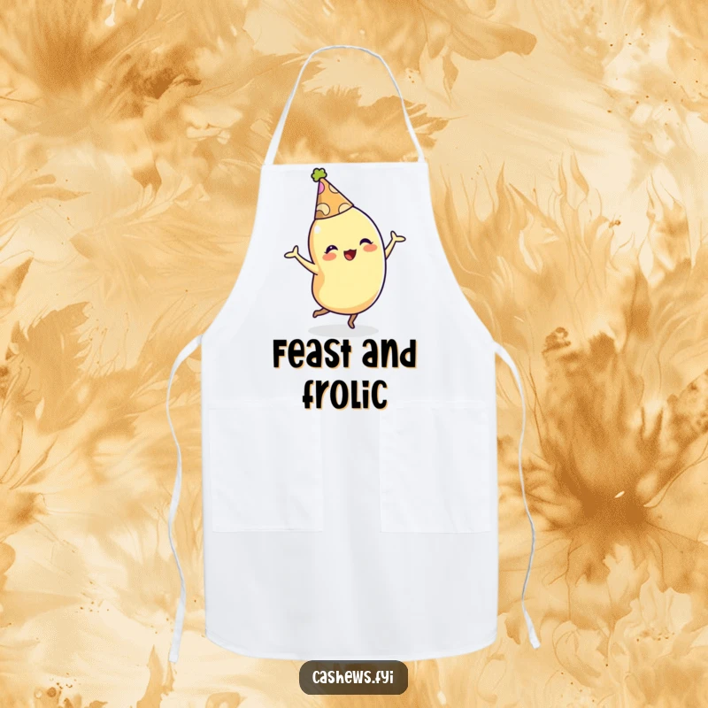Funny apron with a cashew character in a party hat dancing energetically, designed for kitchen fun and festive flair.