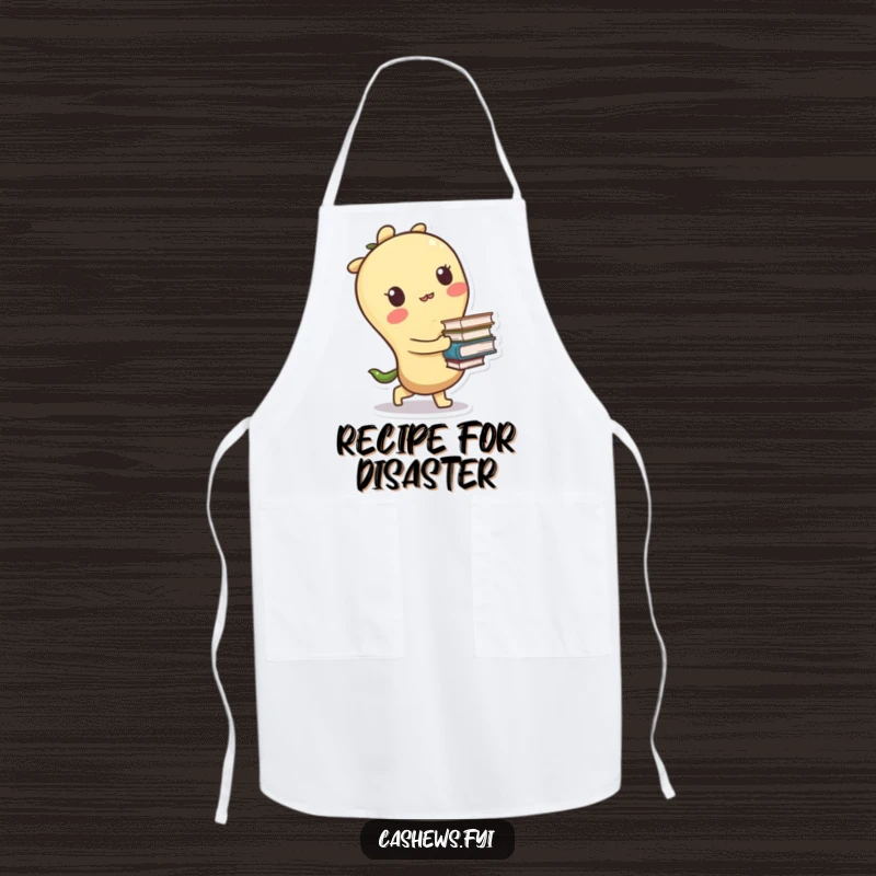 Funny apron designed with a kawaii cashew character tripping slightly while holding books, adding humor to kitchen tasks.