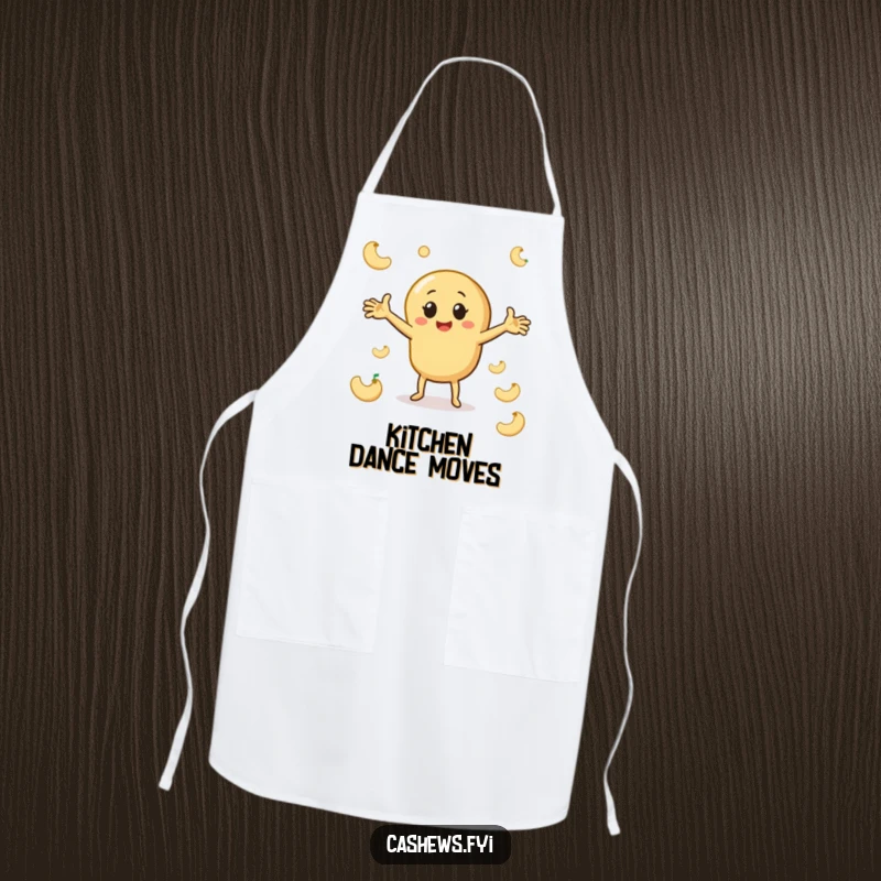 Funny cashew apron showing a character dancing with arms outstretched among cashew shapes, ideal for adding nutty dance humor to cooking.