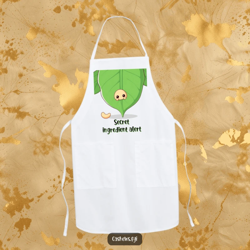 Funny apron with a cashew nut peeking from behind a large cashew leaf, designed for playful kitchen adventures and gardening.