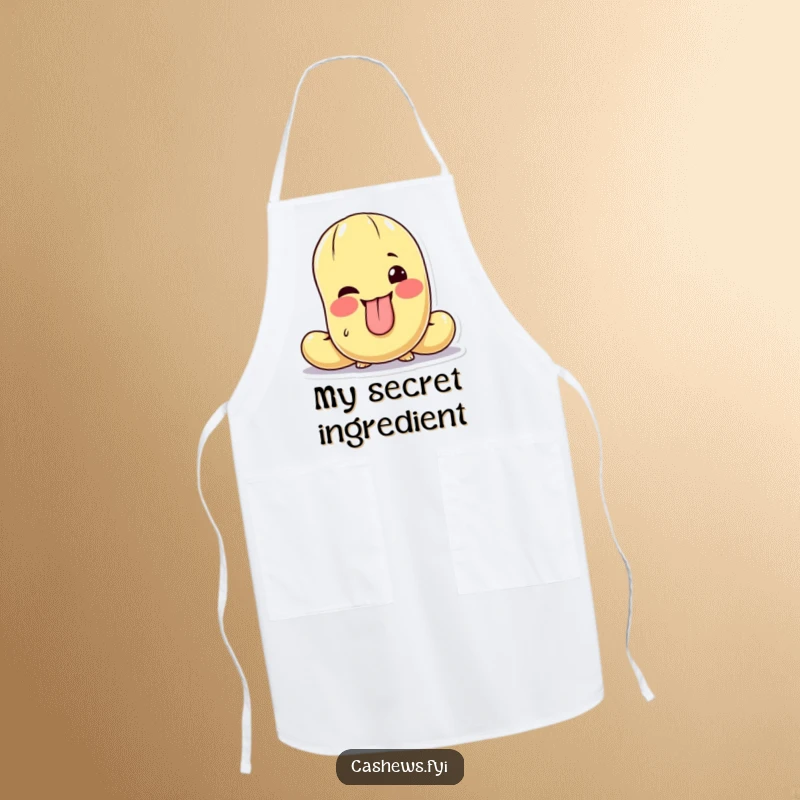 Funny apron showcasing a cashew character making a funny face, tongue out, and a playful wink while cooking.