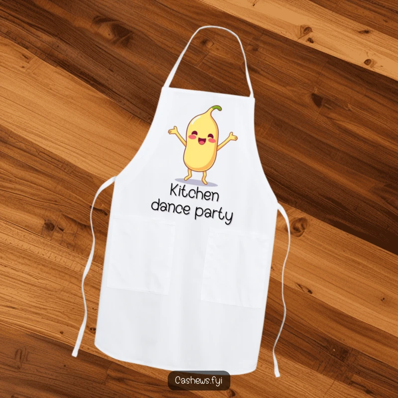 Funny apron for cooking, showing a Kawaii cashew doing a silly dance with limbs flailing joyfully, perfect for kitchen fun.