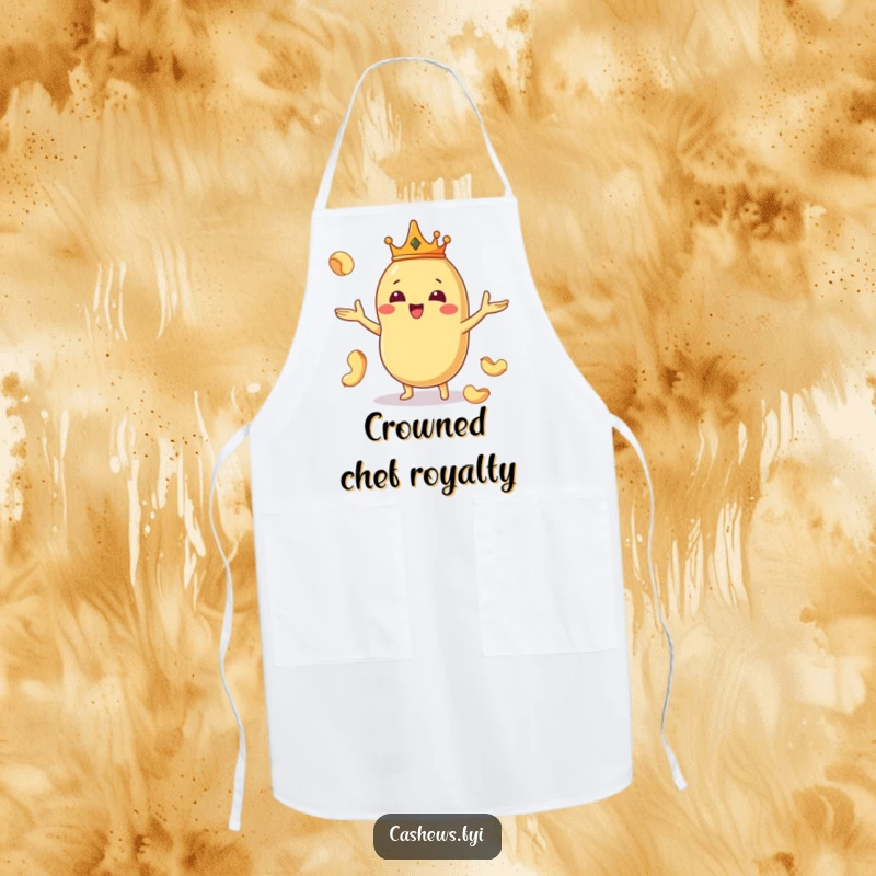 Funny apron for chefs, featuring a Kawaii cashew king wearing a crown and juggling nuts, adding regal humor to cooking.