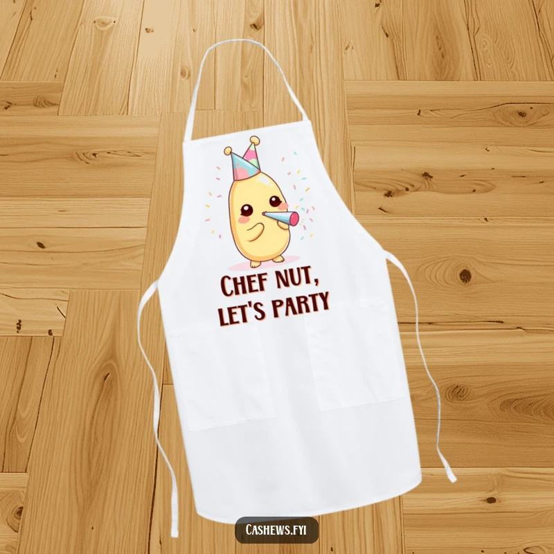 Funny kawaii cashew wearing a party hat, blowing confetti on a cooking apron.