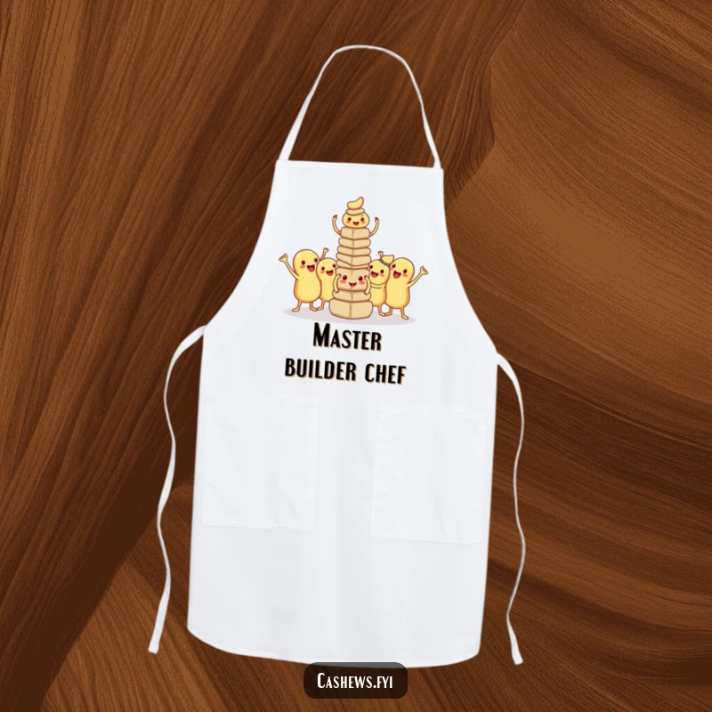 Funny kawaii cashew apron showcasing proud, silly-faced nuts posing with their small tower, perfect for chefs who love teamwork.