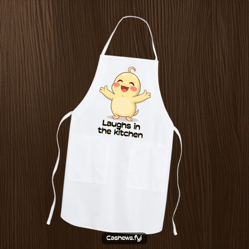 Funny apron showing a cashew character with arms spread wide, laughing heartily and joyfully while in the kitchen.