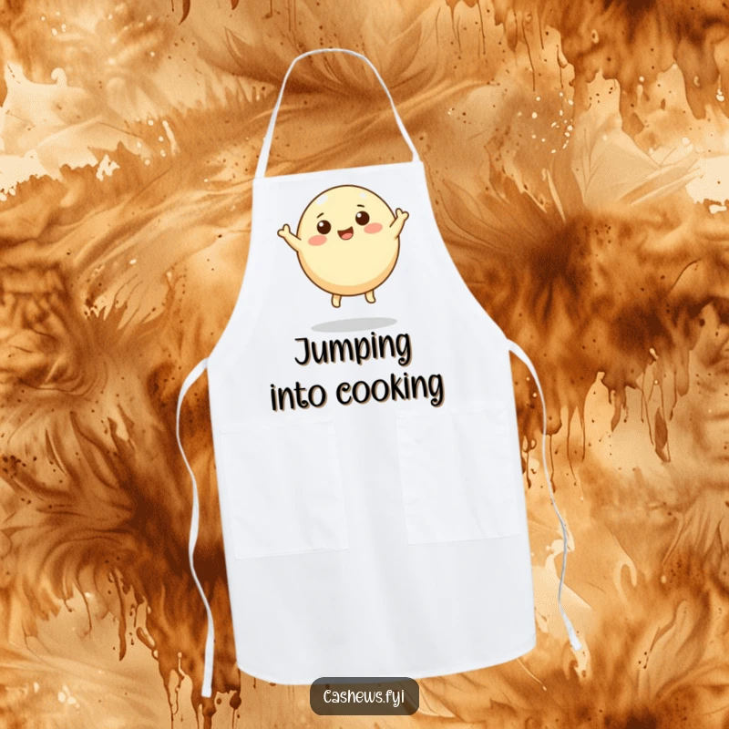 Funny apron design of a round cashew character with tiny legs leaping upwards, adding humorous motivation to kitchen wear.