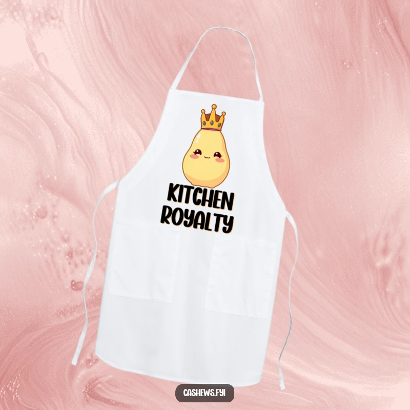 Funny apron depicting a cashew with a small crown, looking regal but comically wobbling while in the kitchen.