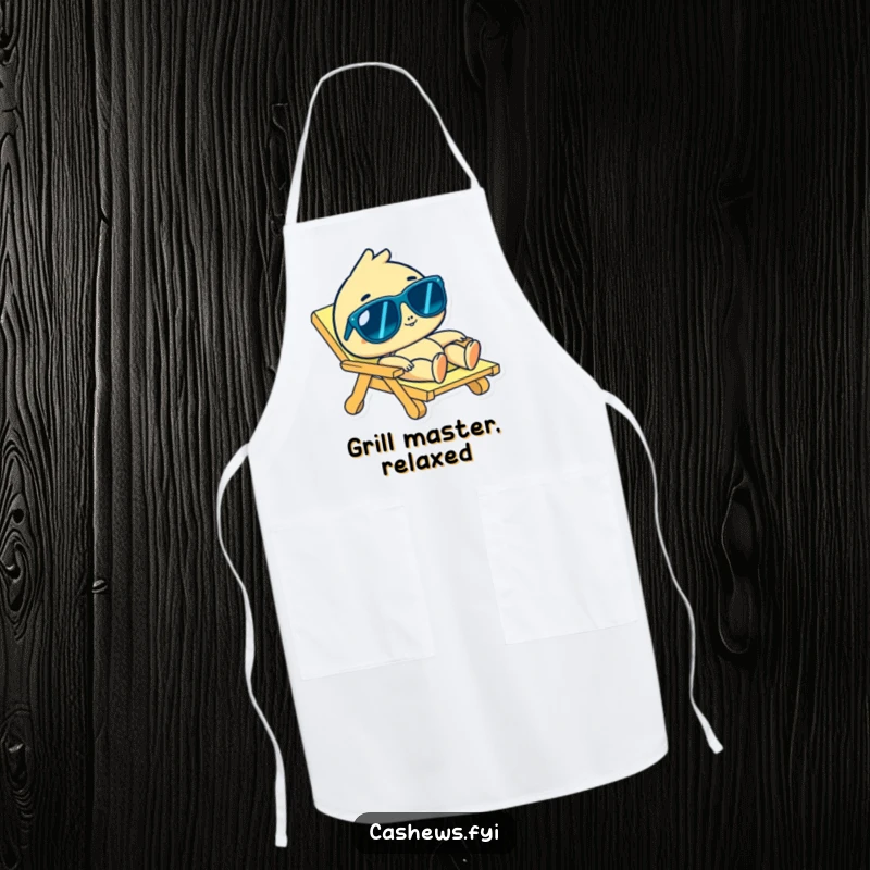 Funny cashew character in sunglasses lounging lazily on a beach chair, as a kitchen apron, ideal funny gift.
