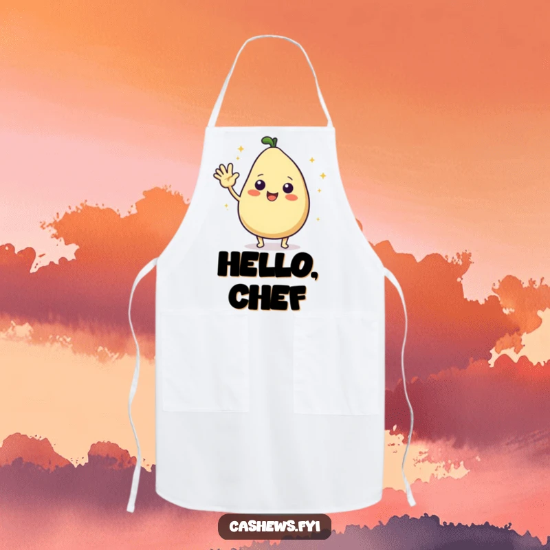 Funny apron designed with a kawaii cashew character excitedly waving hello, with starbursts adding to its cheerful greeting.