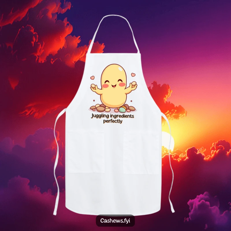 Funny apron showcasing a cashew nut character smiling while juggling pebbles with great skill.