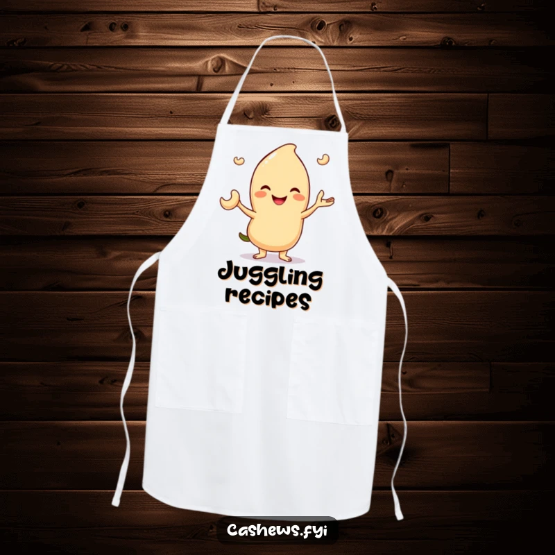 Funny apron design of a smiling cashew character juggling three tiny cashew nuts, adding humorous skill to kitchen wear.