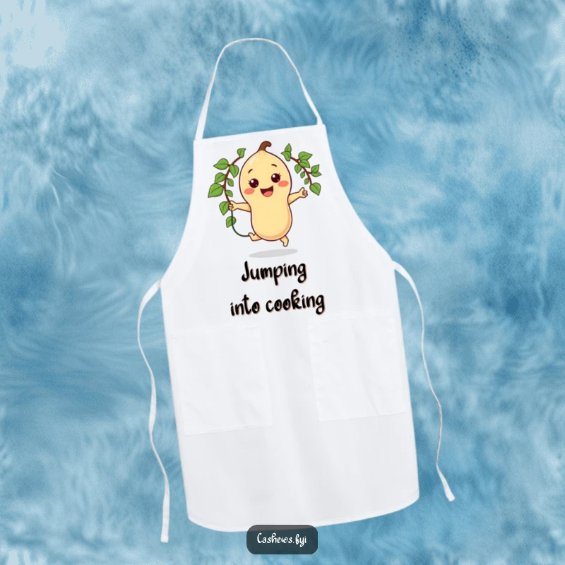 Funny cooking apron showing a happy kawaii cashew character jumping rope with a vine, adding energetic and humorous flair.