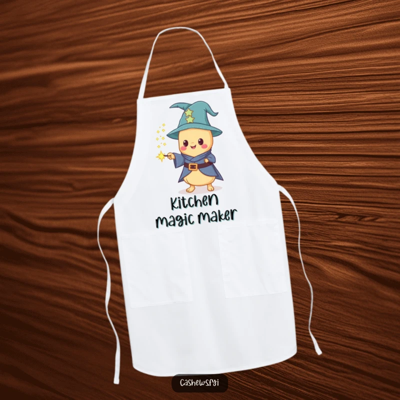 Funny apron for cooking, showing a Kawaii cashew wizard conjuring sparkling cashew dust from a wand, perfect for magical kitchen humor.