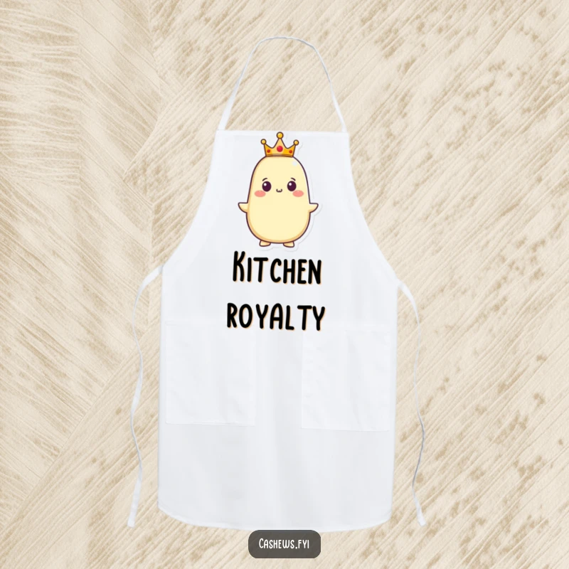 Funny apron graphic showing a proud cashew character wearing a small crown, its expression conveying regal confidence and a humorous sense of culinary dominion.