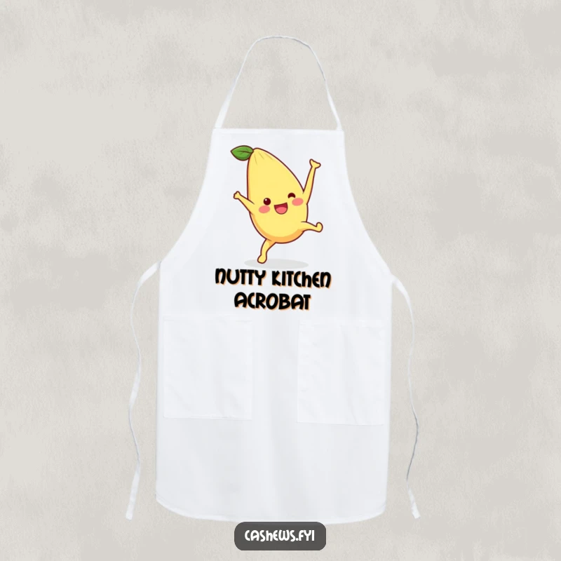 Funny apron with a kawaii cashew doing a cartwheel, perfect for adding energetic fun and humor to any culinary adventure.