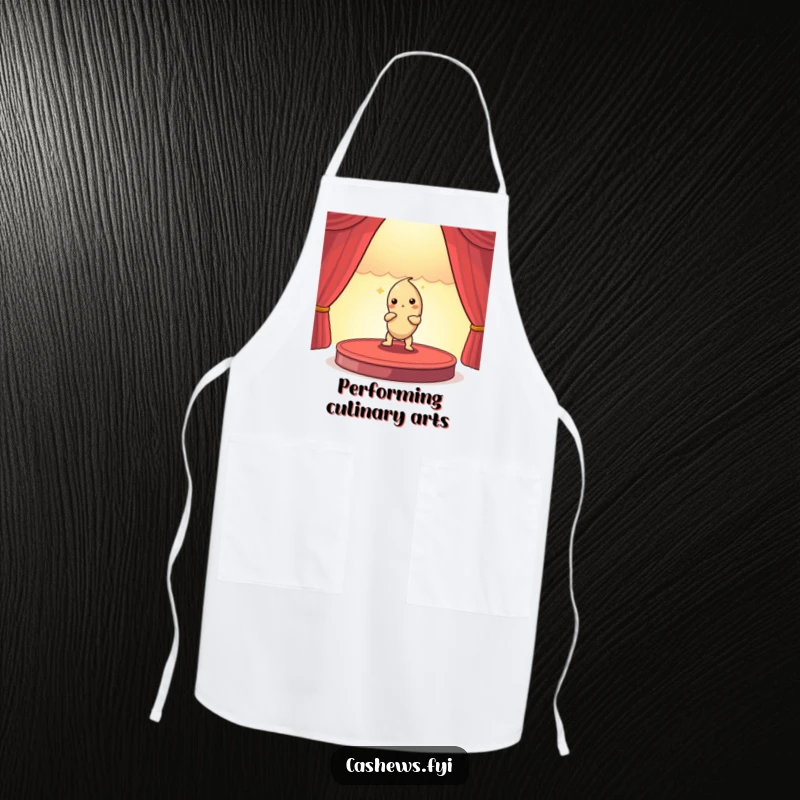 Funny apron featuring a cashew nut actor posing dramatically on a miniature stage, designed for kitchen performances and humorous cooking.