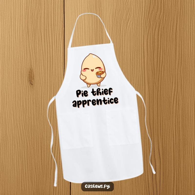 Funny apron with a mischievous cashew nut winking and holding a tiny pie, designed for kitchen fun and playful baking.