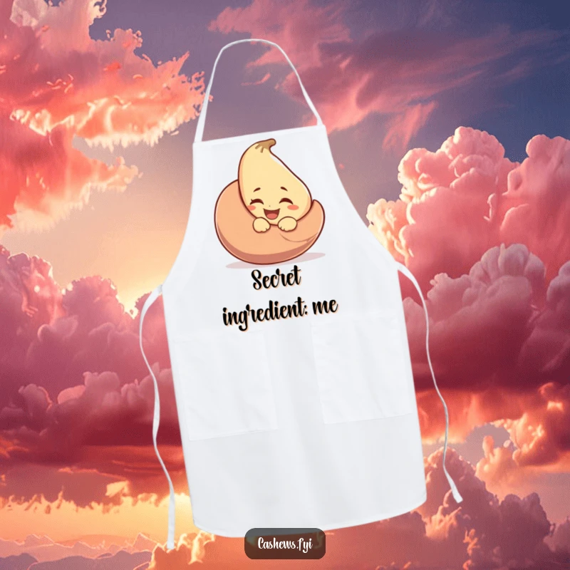 Funny kitchen apron featuring a laughing cashew peeking out and winking from behind a large cashew nut, adding playful charm.