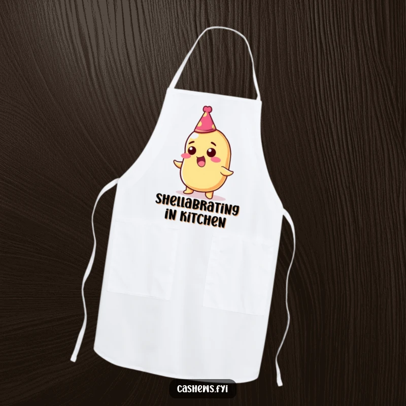 Funny apron featuring a thrilled cashew nut wearing a party hat, ready to cook up a storm with a smile.
