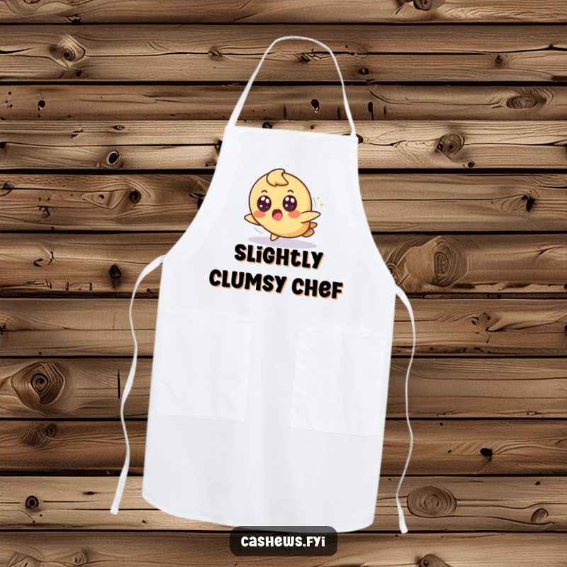 Funny kitchen apron featuring a cashew character tripping slightly but landing gracefully with a surprised, wide-eyed expression, adding humor to cooking.