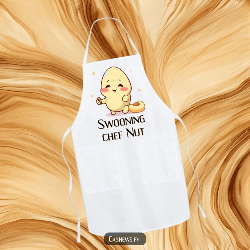 Funny cashew apron showing a character dramatically swooning over a snack, ideal for adding nutty humor to cooking.