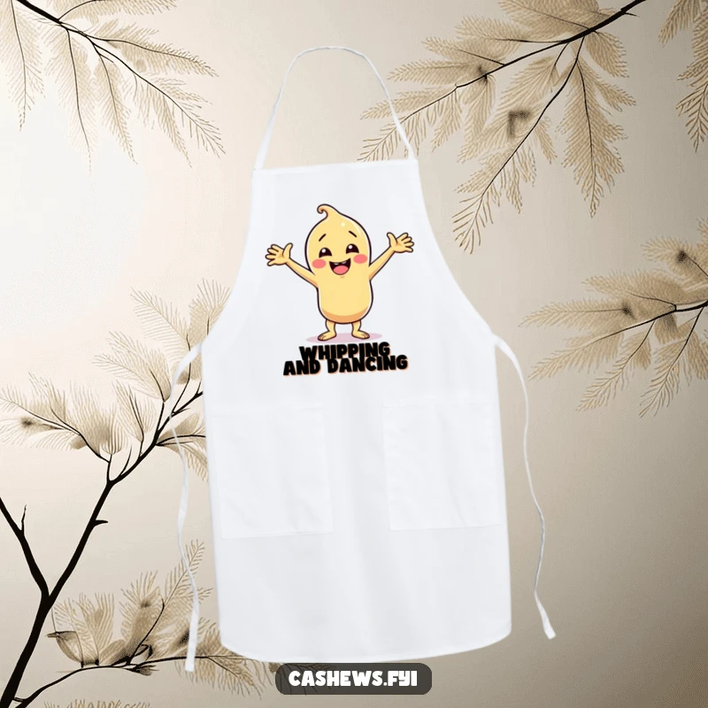 Funny cashew character in a silly dance pose with arms wide on a kitchen apron, ideal funny gift.