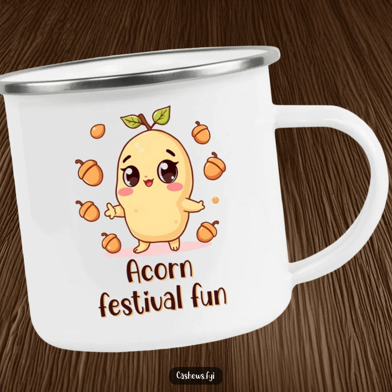 Funny camping mug showing a kawaii cashew character with wide eyes, gleefully juggling acorns, ready for outdoor fun and cheerful moments.