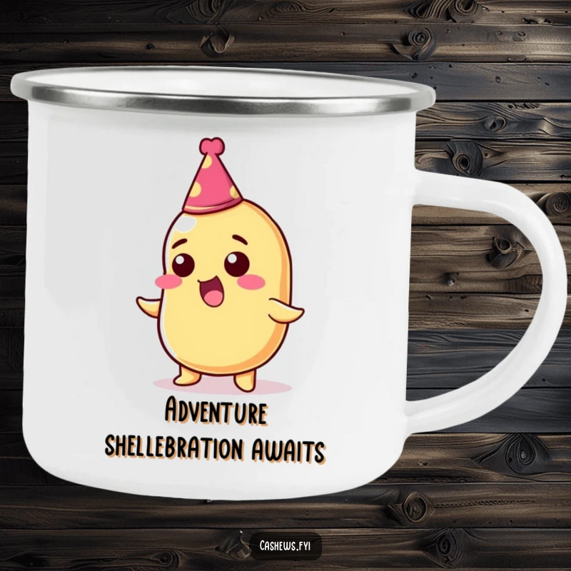 Funny camping mug featuring an ecstatic cashew nut wearing a party hat, ready to celebrate any outdoor escapade.