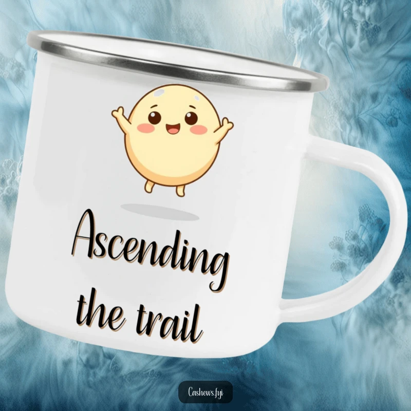 Funny camping mug showing a round cashew character with tiny legs leaping upwards, perfect for outdoor enthusiasts needing motivation.