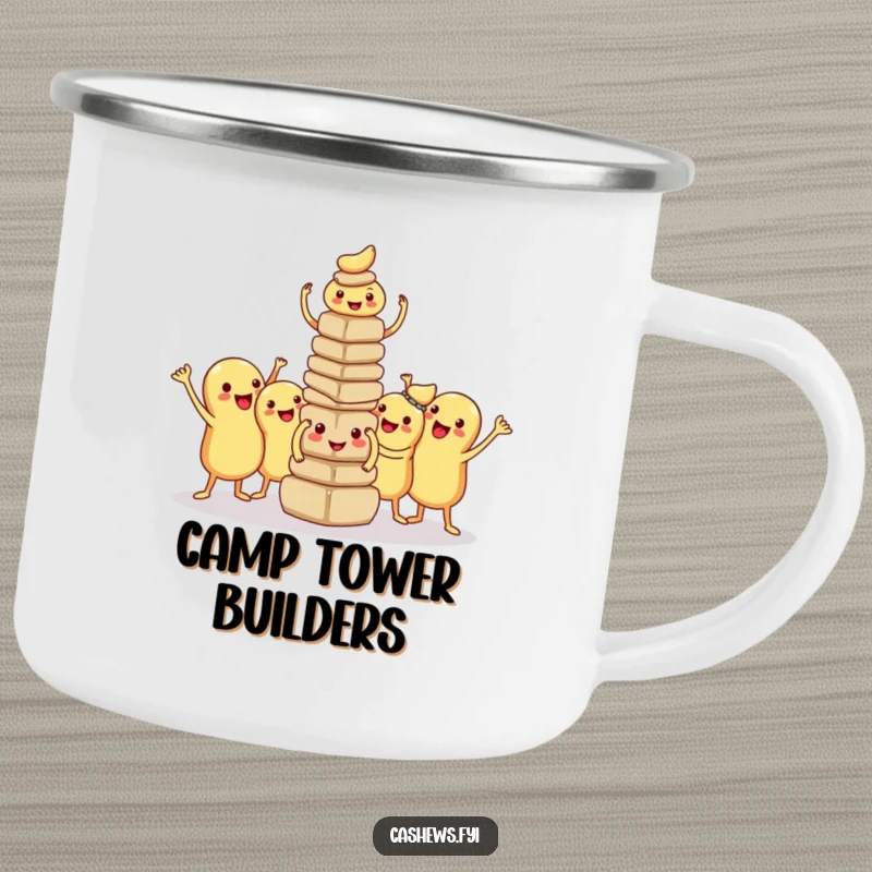 Funny kawaii cashew camping mug featuring proud, silly-faced nuts posing with their small tower, built for adventure and camaraderie.