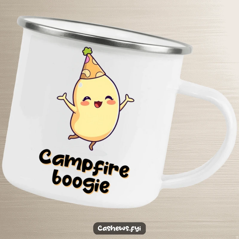 Funny enamel camping mug with a cashew character wearing a party hat and dancing energetically, ideal for outdoor festivities.