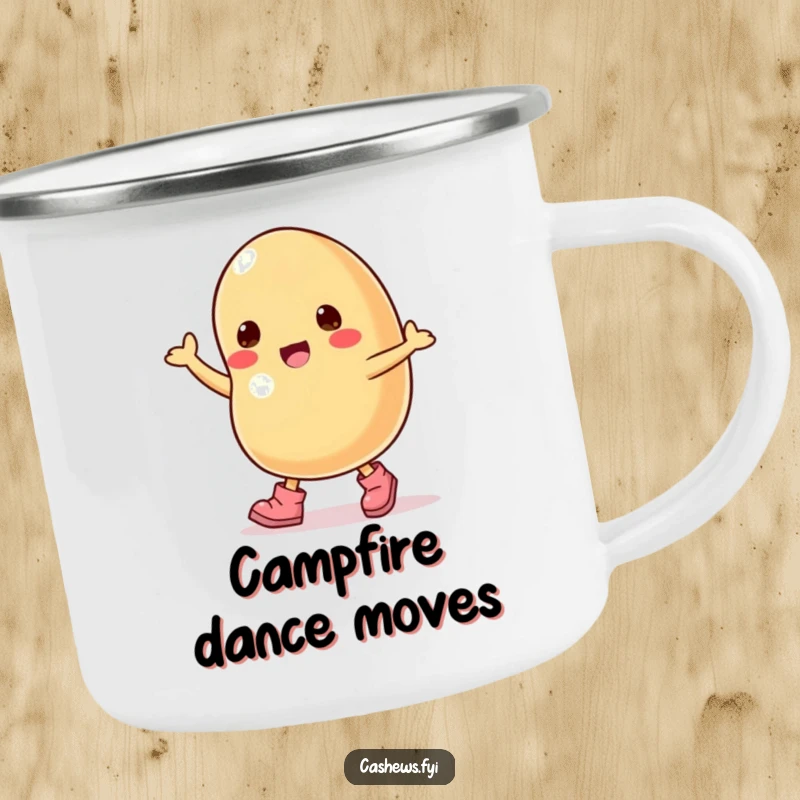 Funny camping mug with a cashew nut character wearing tiny boots and dancing, ready for adventure.
