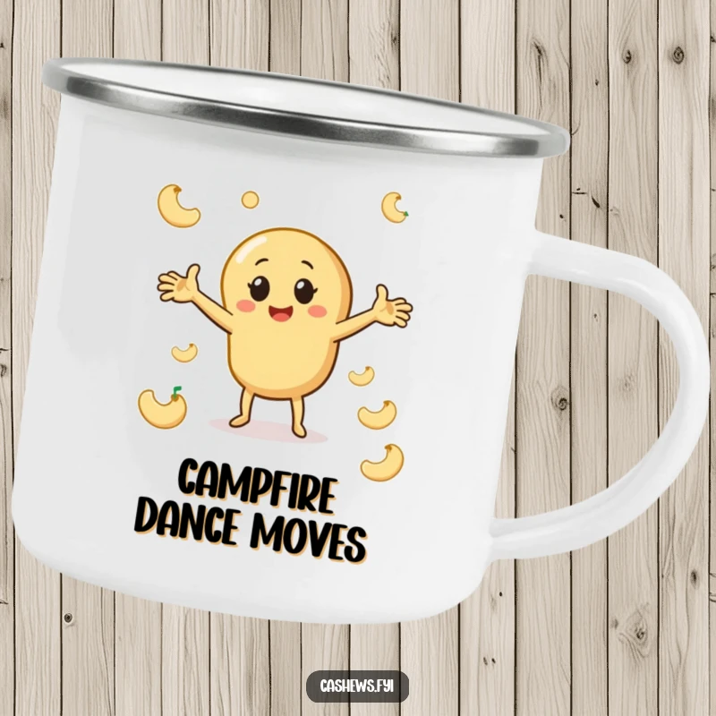 Funny cashew camping mug featuring a character dancing playfully with outstretched arms among cashew shapes, designed for outdoor enjoyment and nutty comedy.