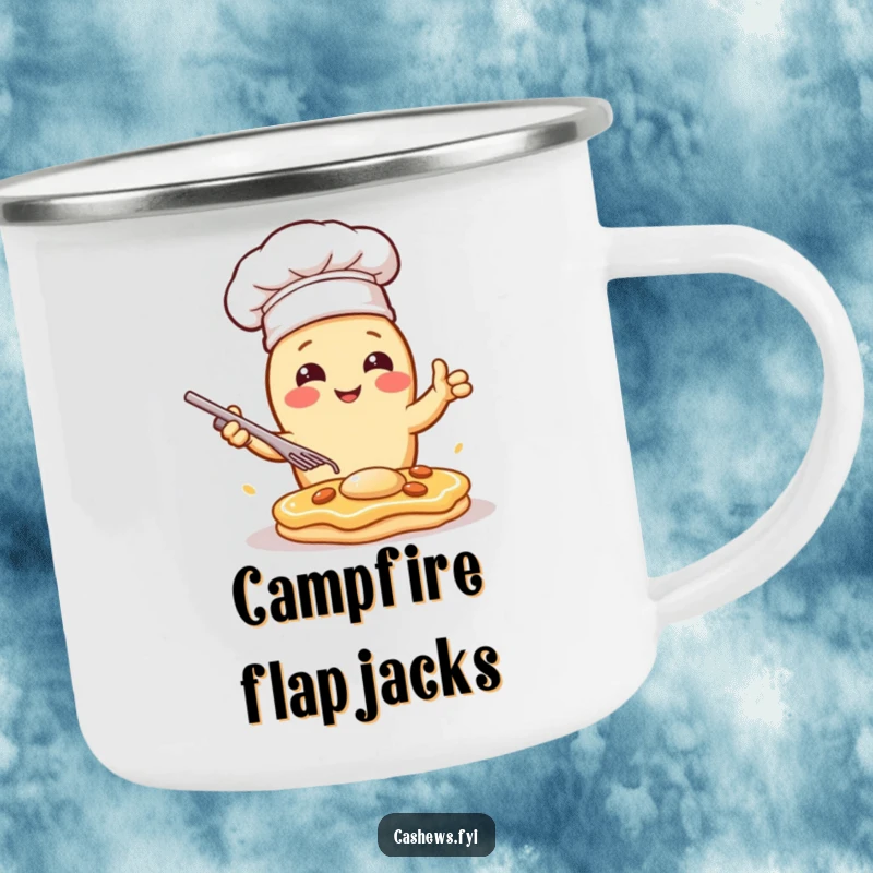 Funny camping mug with a kawaii cashew chef dramatically flipping a pancake, perfect for outdoor cooking with a humorous, theatrical vibe.