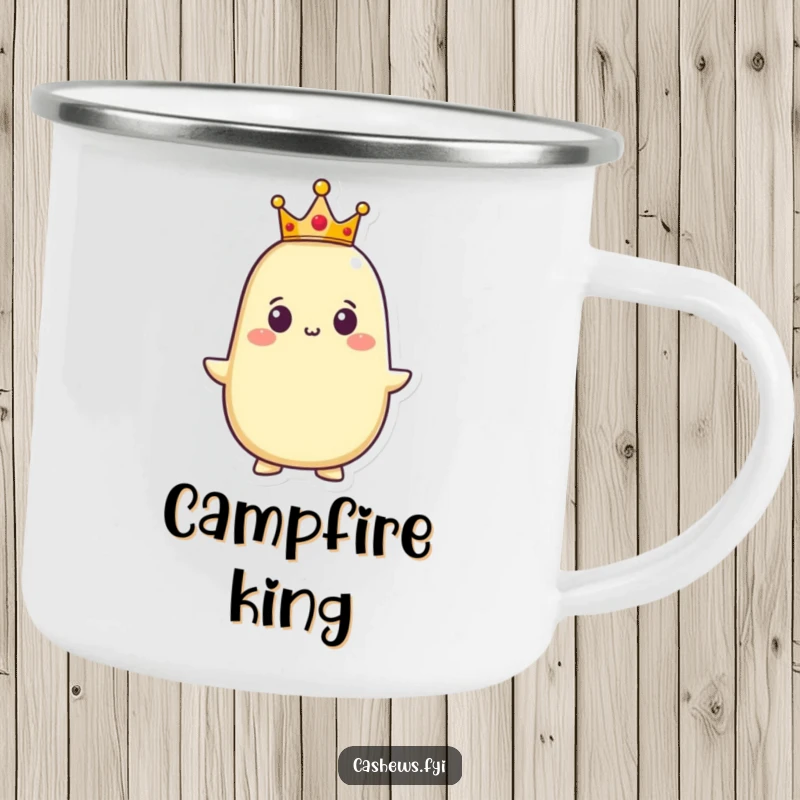 Funny camping mug showing a proud cashew character wearing a small crown, its expression conveying regal confidence and a humorous sense of outdoor dominion.