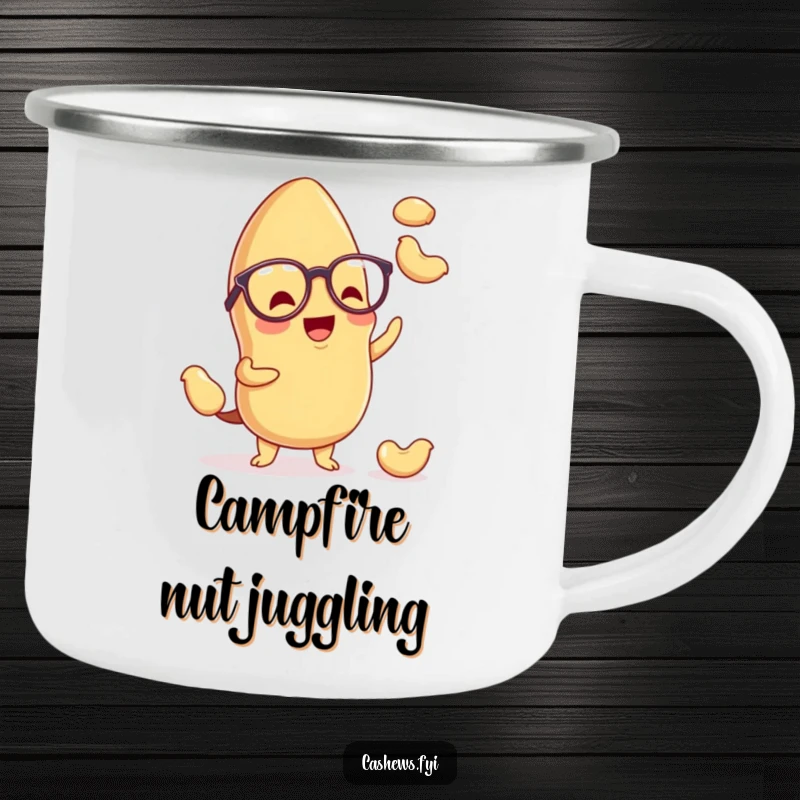 Funny kawaii cashew camping mug featuring a cute, spectacle-wearing nut juggling miniature cashews, designed for hardy adventures and smiles.