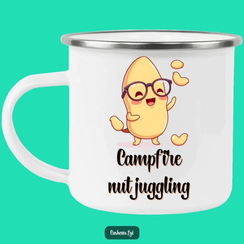 Funny Kawaii Cashew Camping Mug: Spectacled Juggler Enamel Cup, Outdoor Snack Humor Gift