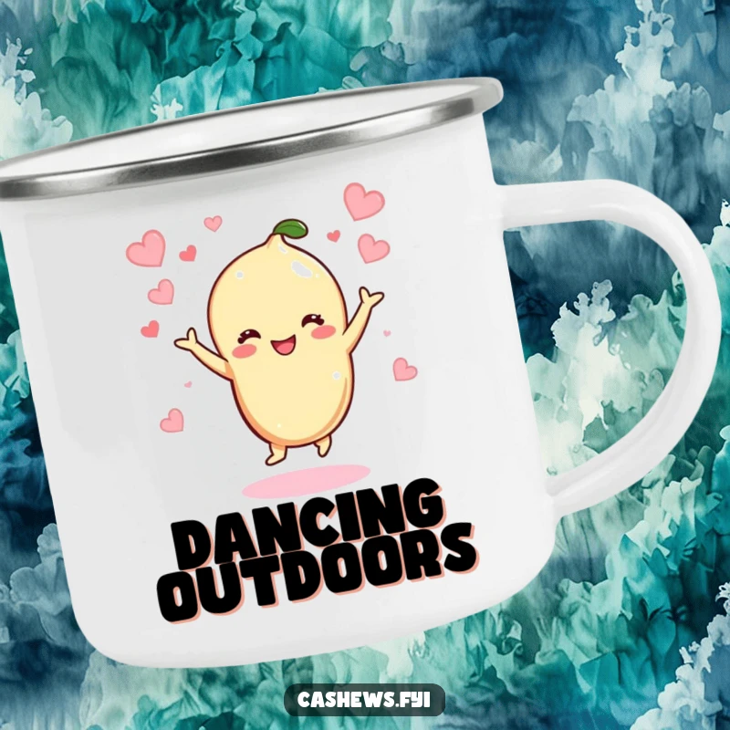 Funny Kawaii Cashew Camping Mug: An enamel mug with a cashew character dancing happily among hearts, perfect for joyful outdoor moments.