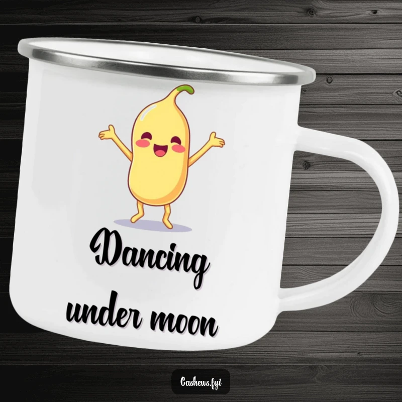 Funny and durable camping mug featuring a Kawaii cashew doing a silly dance with limbs flailing joyfully, perfect for outdoor fun.