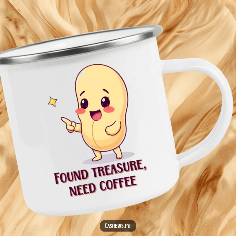 Funny camping mug with an excited cashew nut pointing at a sparkling gem, ideal for campers who love adventure and discovery.