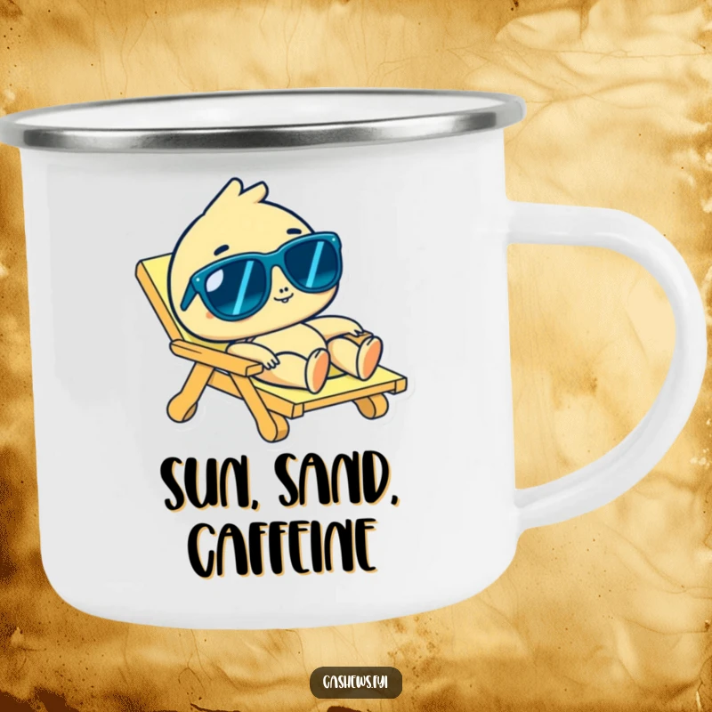 Funny cashew character in sunglasses lounging on a beach chair on a camping mug, for outdoor humor, perfect funny gift.