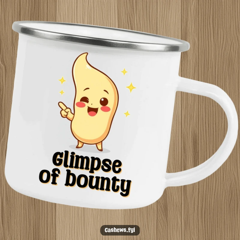 Funny enamel camping mug with an excited cashew character pointing at a sparkling, imaginary cashew, perfect for outdoor inspiration.