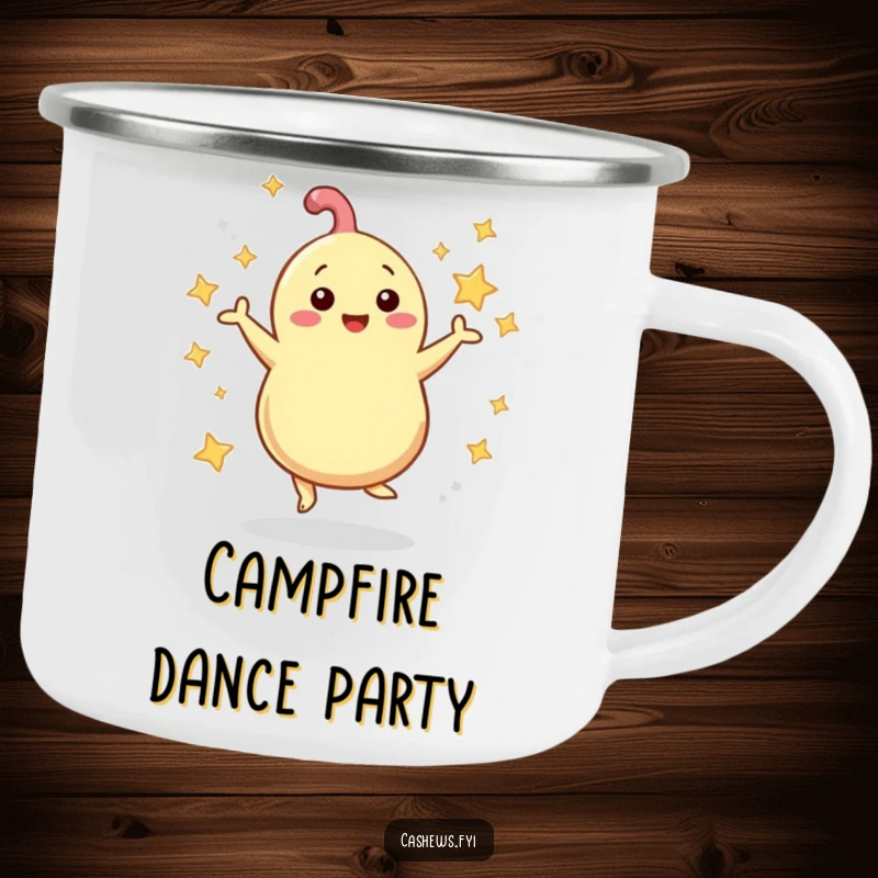 Funny Camping Mug: A cashew dances with swirling stars, a humorous and durable cup for outdoor celebrations and fun.